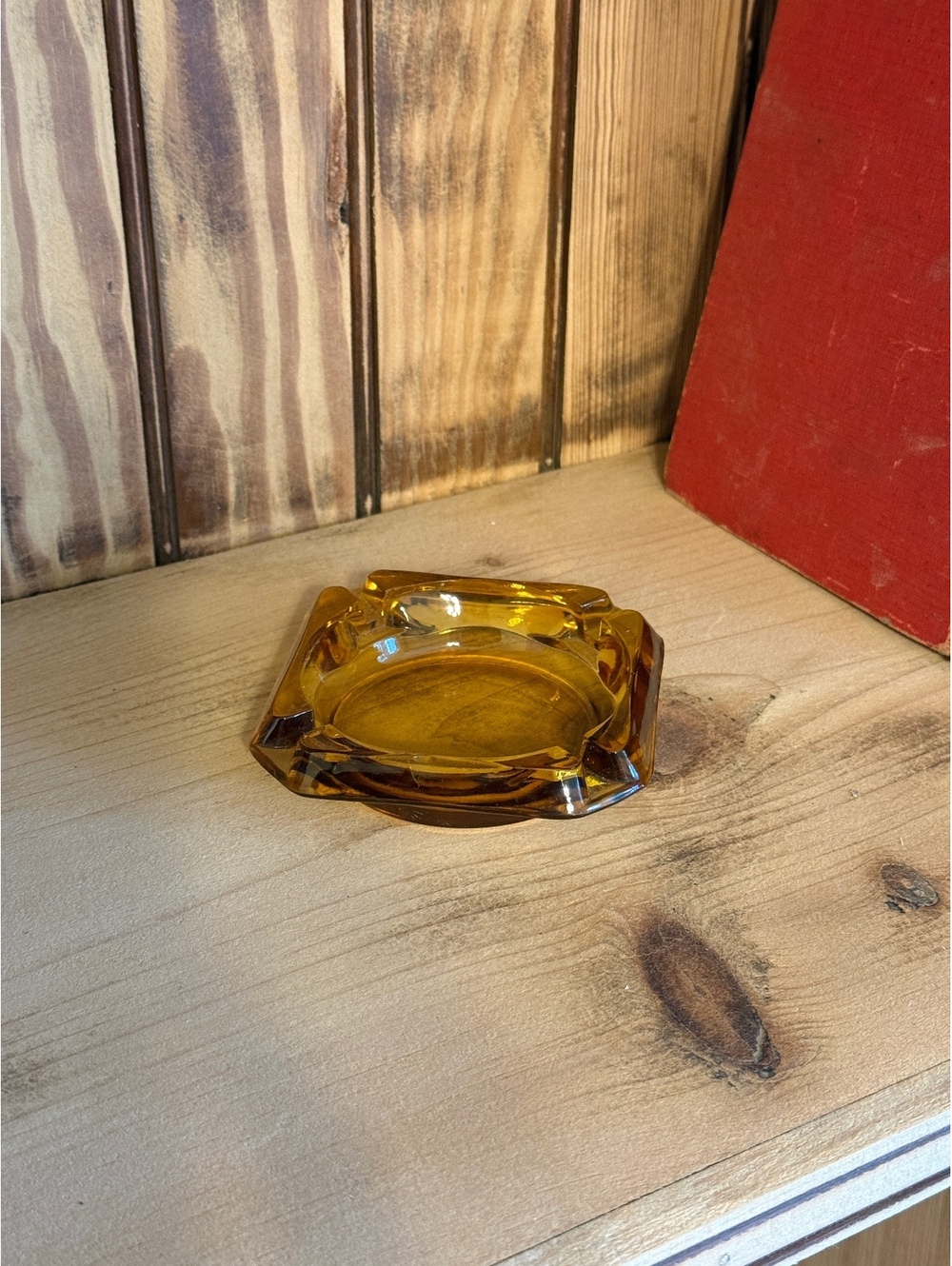 Vintage Amber Glass Square Ashtray – Mid Century 4-Rest Ashtray